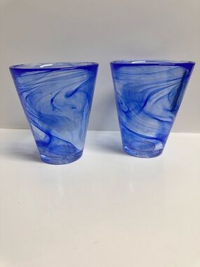 KOSTA BODA 2 Mine Blue Swirl Glass Tumbler Ulrica Hydman Vallien W/Labels READ